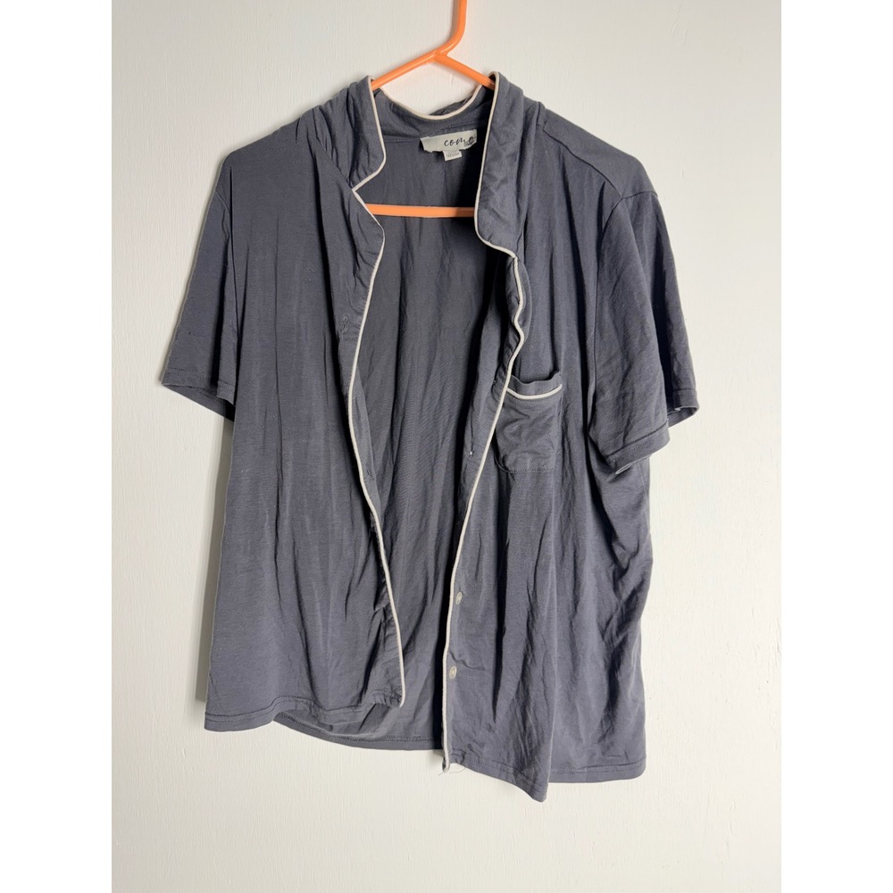 Como Sleep Pajama Top Gray Short Sleeve Button Front Pocket Piping Size M